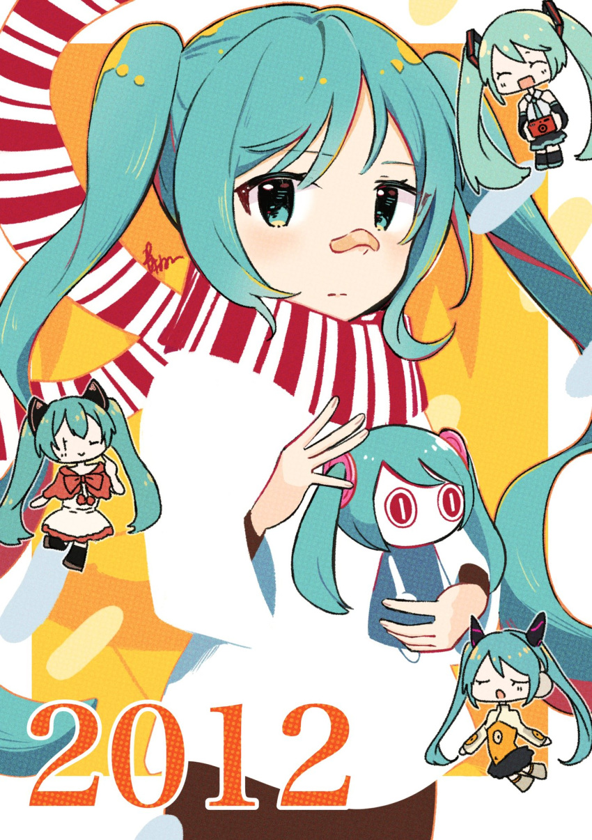 2012, 39_(vocaloid), 4girls, :d, ;), aimaina, aoiyui, aqua_eyes