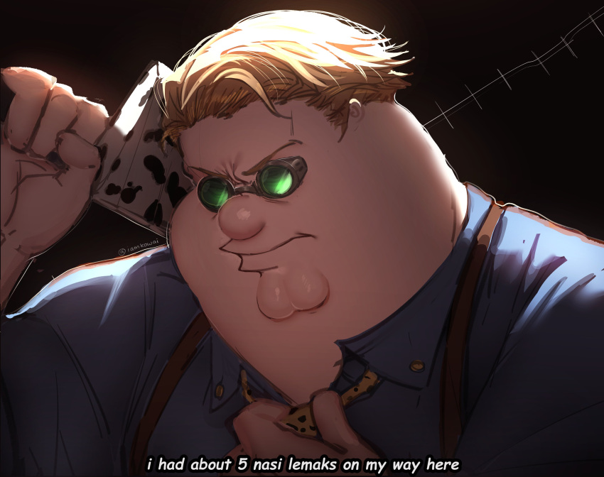 1boy, absurdres, adjusting_clothes, adjusting_necktie, blonde_hair, blue_shirt, cleft_chin, closed_mouth