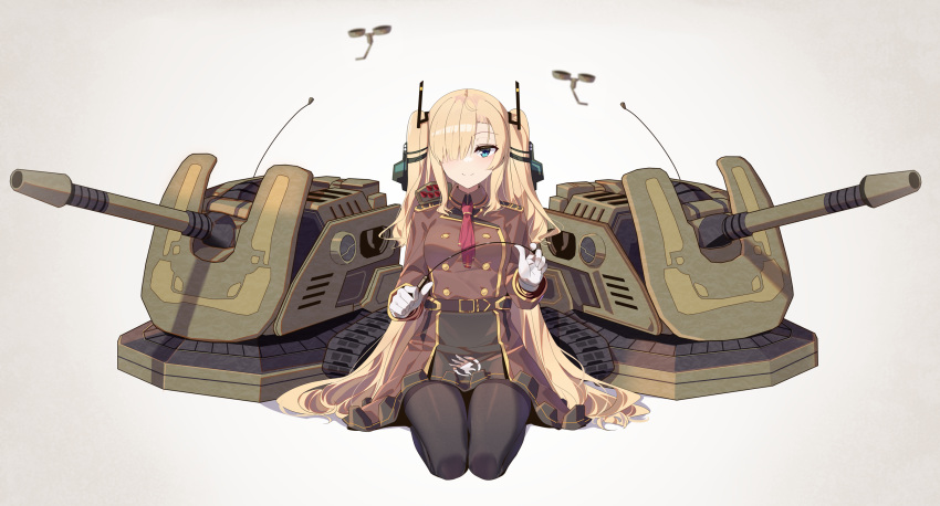 1girl, aqua_eyes, ascot, black_pantyhose, blonde_hair, brown_dress, cannon, caterpillar_tracks