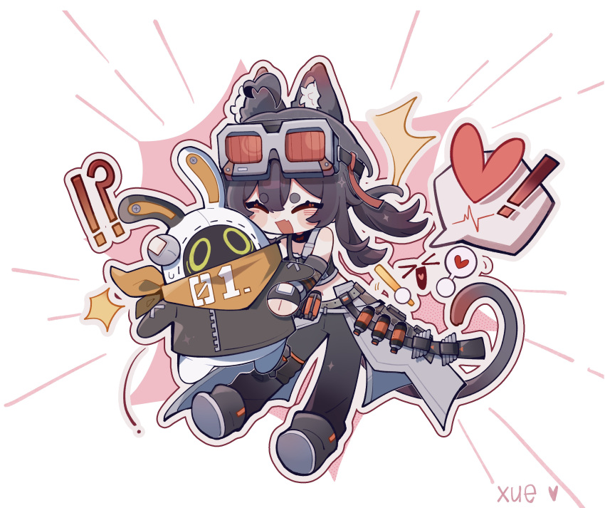 !, !?, >_<, 1girl, 1other, :d, absurdres, ahoge