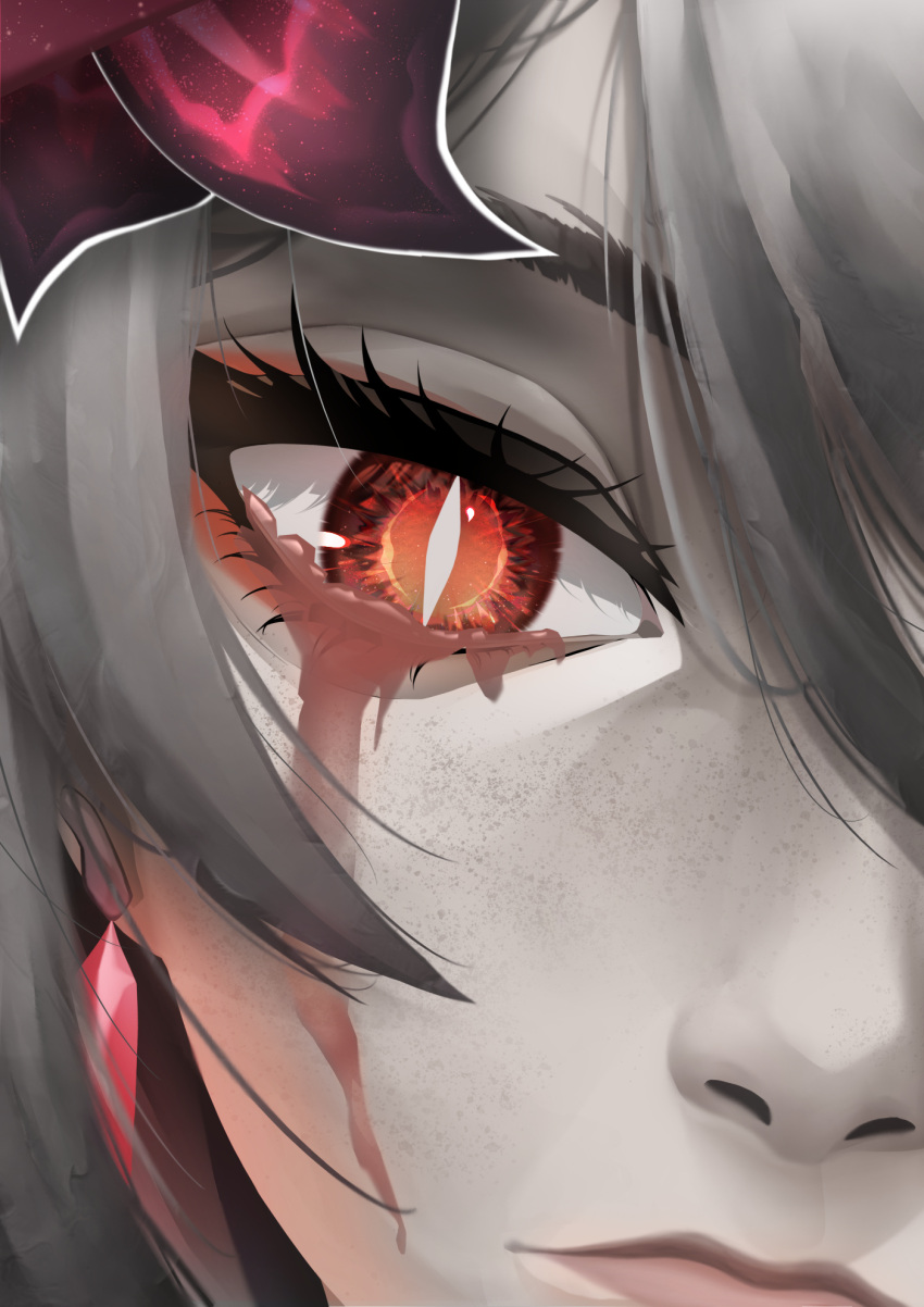 1girl, acheron_(honkai:_star_rail), blood, blood_from_eyes, bright_pupils, closed_mouth, earrings, eye_focus