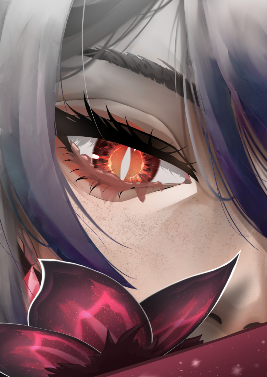 1girl, acheron_(honkai:_star_rail), bright_pupils, covered_mouth, earrings, eye_focus, flower, gradient_hair