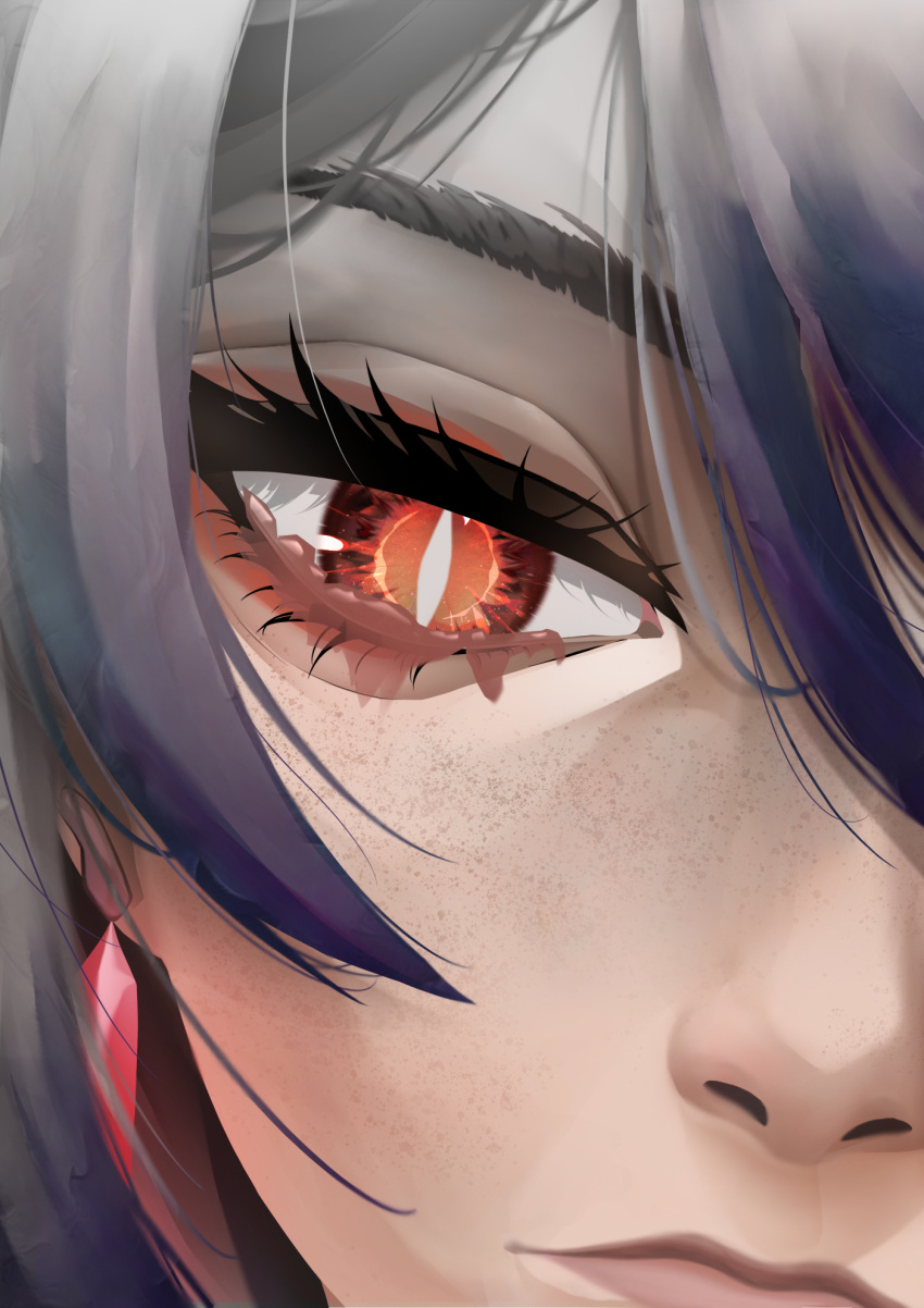 1girl, acheron_(honkai:_star_rail), bright_pupils, closed_mouth, earrings, eye_focus, gradient_hair, grey_hair