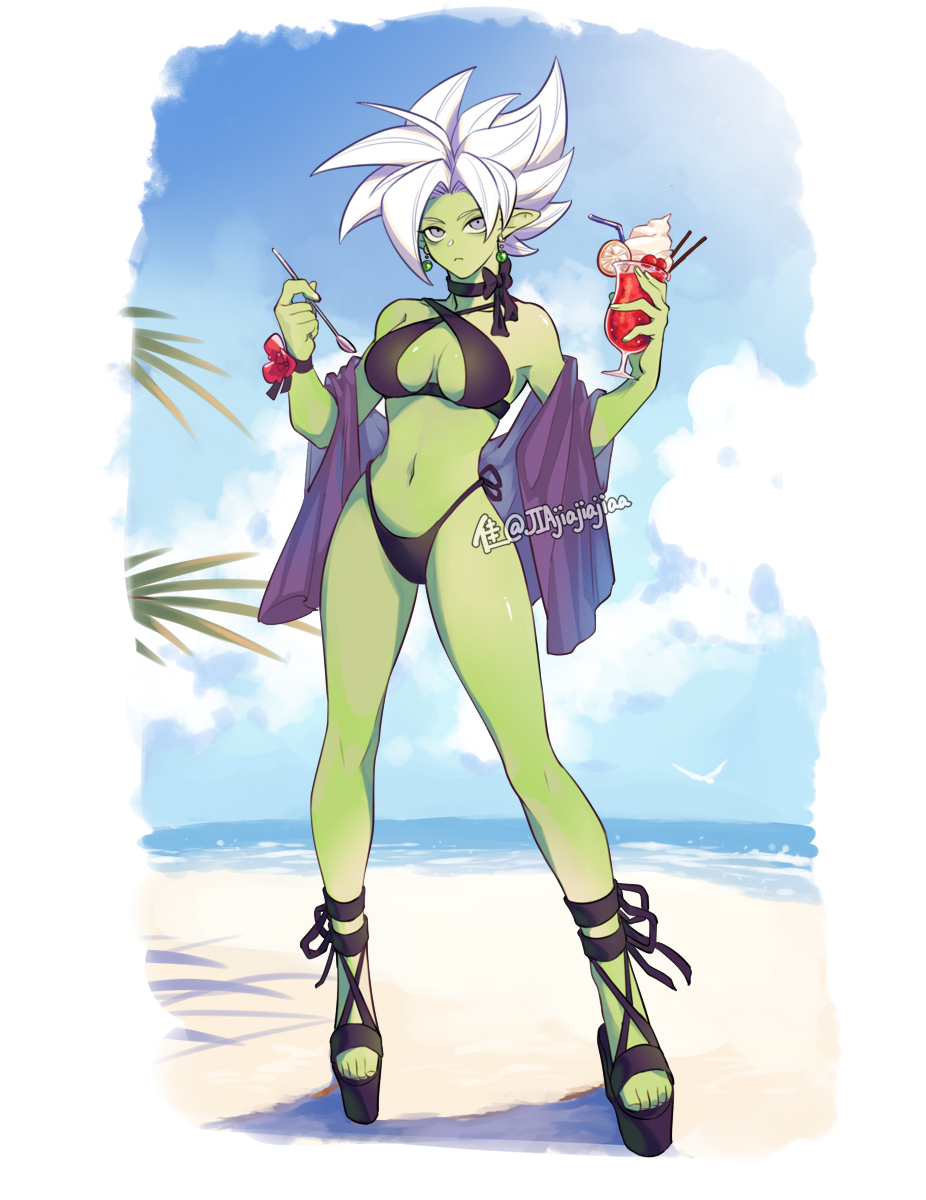 bikini, black_bikini, bow, breasts, colored_skin, dragon_ball, dragon_ball_super, earrings, fused_zamasu, genderswap, genderswap_(mtf), green_skin, grey_eyes, high_heels, highleg, highleg_bikini, highres, jewelry, jiajiajiajiaa, large_breasts, palm_leaf, parfait, potara_earrings, sling_bikini_top, spiky_hair, spoon, swimsuit, veil, white_hair, zamasu