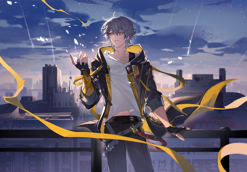 1boy, an_junjyue, arm_ribbon, belt, black_belt, black_coat, black_gloves, black_pants