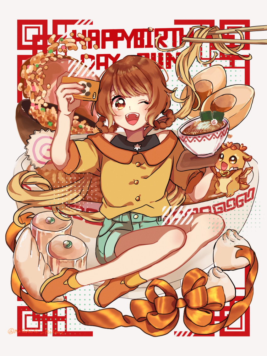 1girl, bare_legs, braid, chinese_food, chinese_zodiac, chopsticks, delicious_party_precure, dots, egg, food, fried_rice, frying_pan, hanamichi_ran, hardboiled_egg, highres, holding, holding_food, holding_phone, mem-mem_(precure), noodles, one_eye_closed, open_mouth, panda, parted_bangs, phone, plate, precure, ramen, ribbon, sekiguchi_(mitemite_mitene), shoes, short_sleeves, shorts, shumai_(food), sitting, sneakers, tank_top, twin_braids