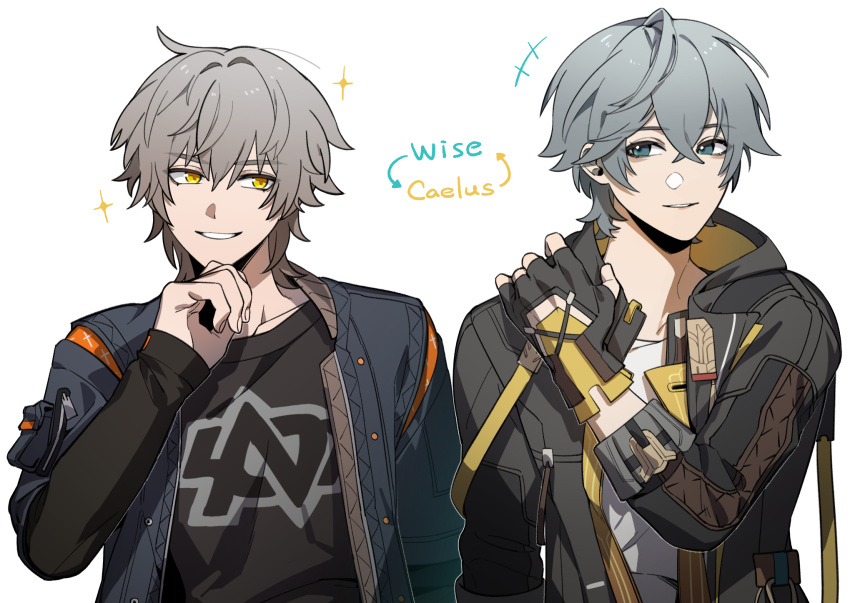 +++, 2boys, arrow_(symbol), black_gloves, black_jacket, black_shirt, blue_eyes, blue_jacket