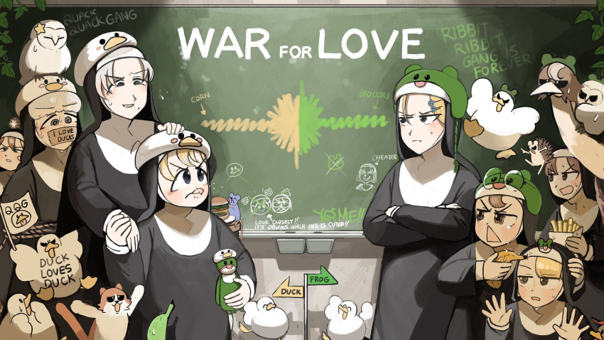6+girls, banana, bird, blonde_hair, blue_eyes, bound, brown_eyes, brown_hair, burger, cat, chalkboard, chicken, clumsy_nun_(diva), commentary, crossed_arms, diva_(hyxpk), duck, duck_hat, english_commentary, food, french_fries, frog_hat, frog_headband, froggy_nun_(diva), fruit, gag, glasses_nun_(diva), grey_hair, habit, hedgehog, highres, hungry_nun_(diva), improvised_gag, little_nuns_(diva), mole, mole_on_cheek, mole_under_eye, multiple_girls, no_eyewear, nun, ostrich, owl, rope, sheep_nun_(diva), smug_nun_(diva), spicy_nun_(diva), strict_nun_(diva), tape, tape_gag, tied_up_(nonsexual), tongue, tongue_out, traditional_nun, triangle_mouth, yellow_eyes