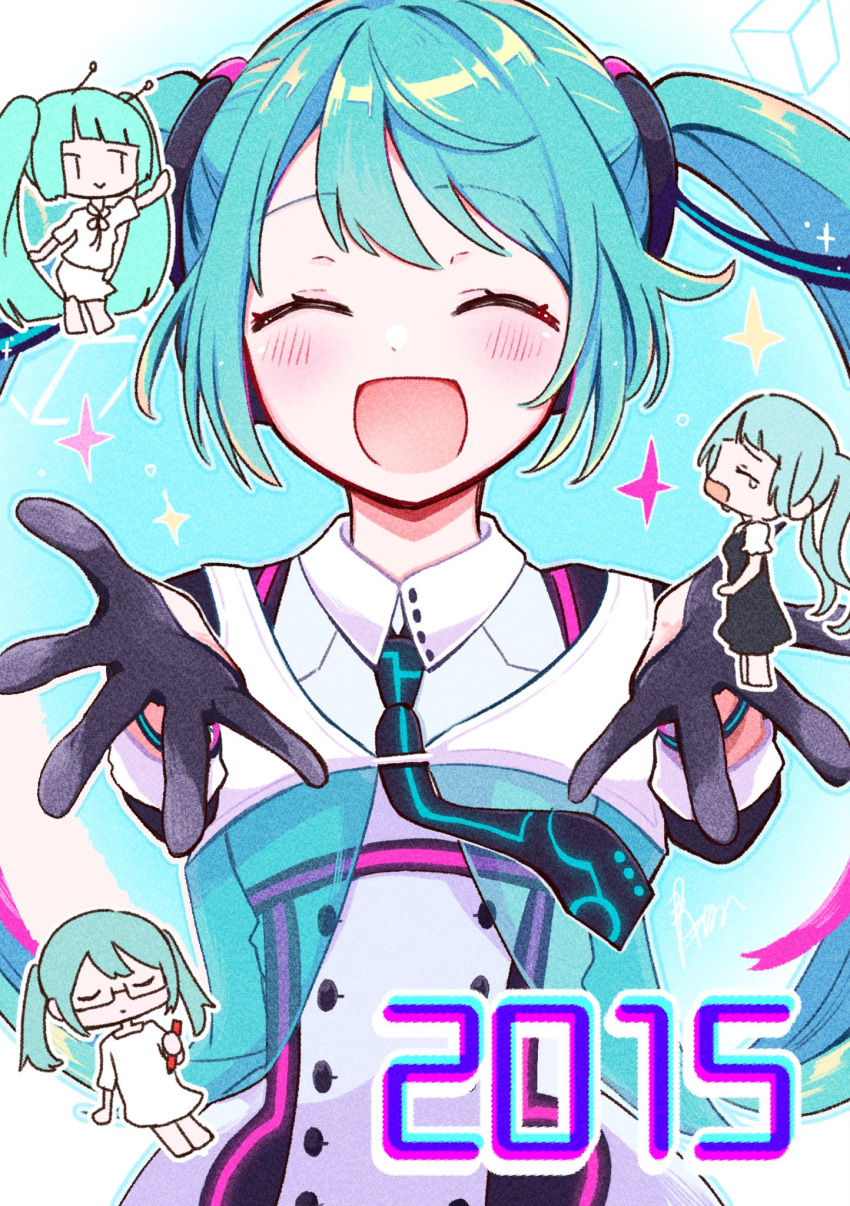 2015, 4girls, :d, aka_pen_onegai_shimasu_(vocaloid), andromeda_andromeda_(vocaloid), antennae, aoiyui, aqua_hair