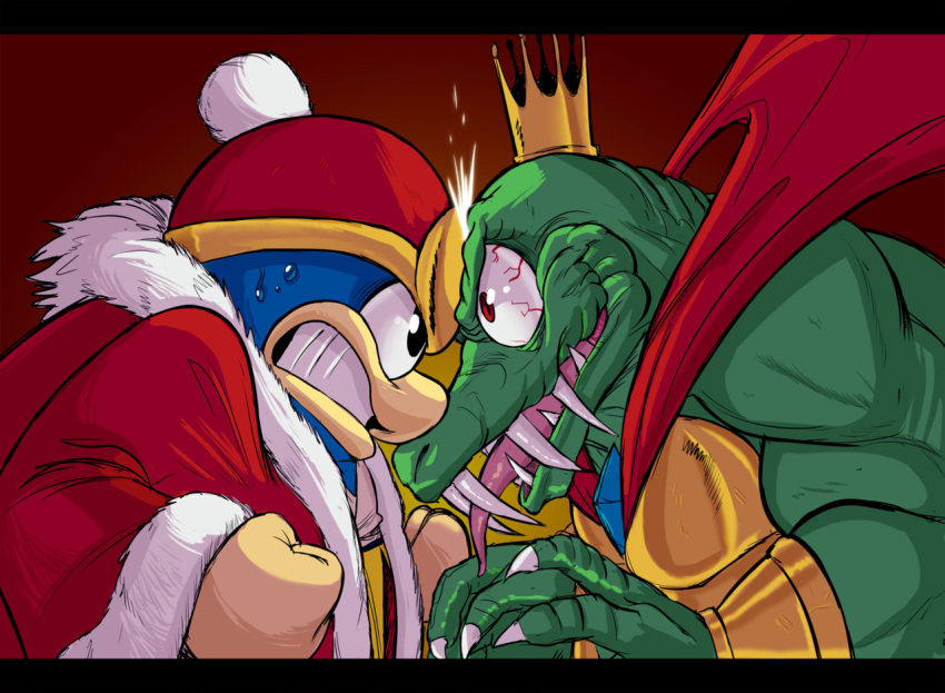 2boys, bloodshot_eyes, cape, claws, clenched_hands, colored_skin, crown, donkey_kong_(series)