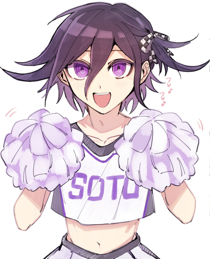 1boy, :d, aru_a_(arutoa5008), black_hair, blush, checkered_ribbon, cheerleader, collarbone