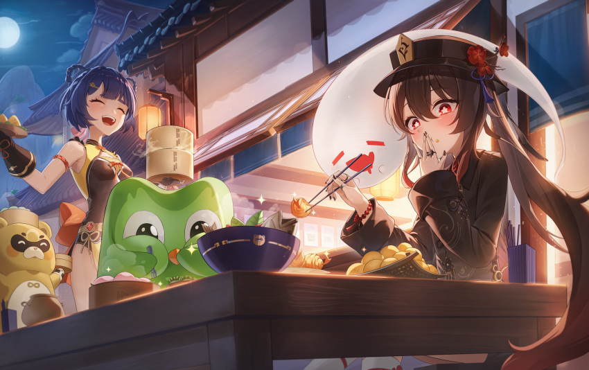 2girls, :d, :t, absurdres, black_gloves, black_hair, blunt_bangs, blush