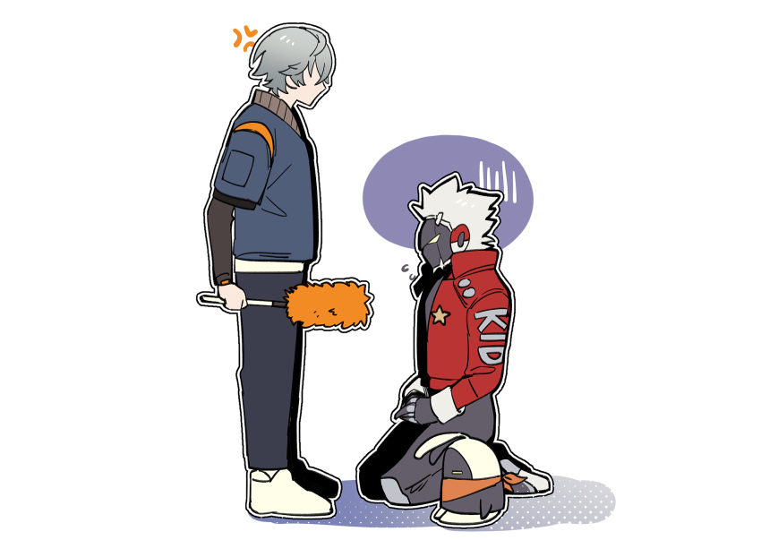 2boys, anger_vein, animal_ears, armor, badge, bandana, bangboo_(zenless_zone_zero), billy_kid, black_armor, black_pants, black_shirt, blue_jacket, closed_eyes, clothes_writing, creature, crossed_bangs, cyborg, faceless, faceless_male, flying_sweatdrops, full_body, fumei20220904, grey_hair, hair_between_eyes, headphones, highres, jacket, layered_sleeves, long_sleeves, male_focus, mechanical_hands, mechanical_legs, multiple_boys, open_clothes, open_jacket, orange_bandana, pants, pocket, rabbit_ears, red_jacket, seiza, shadow, shirt, shoes, short_hair, short_over_long_sleeves, short_sleeves, simple_background, sitting, spiky_hair, standing, star_(symbol), white_background, white_footwear, white_hair, wise_(zenless_zone_zero), yellow_eyes, zenless_zone_zero, zipper