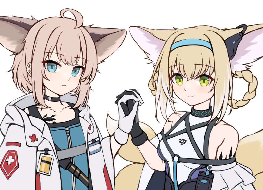 2girls, absurdres, ahoge, animal_ears, arknights, black_choker, black_gloves, blonde_hair, blue_dress, blue_eyes, blue_hairband, breasts, cape, choker, commentary, dress, english_commentary, fox_ears, fox_girl, fox_tail, frown, gloves, gongbangmanchi_(daisy_cutter), green_eyes, hair_rings, hairband, hand_up, highres, holding_hands, hood, hooded_jacket, infection_monitor_(arknights), jacket, kitsune, looking_at_viewer, multiple_girls, open_clothes, open_jacket, pink_hair, shirt, short_hair, sidelocks, simple_background, sleeveless, sleeveless_shirt, small_breasts, smile, sussurro_(arknights), suzuran_(arknights), tail, upper_body, white_background, white_cape, white_gloves, white_jacket, white_shirt