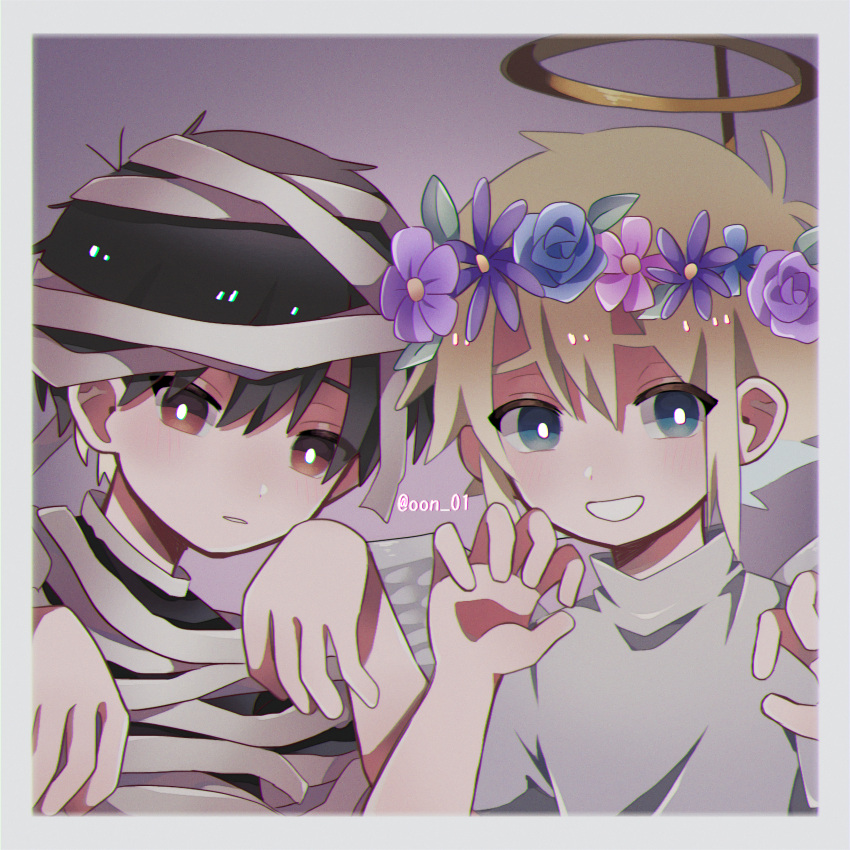 absurdres, amane_(ama_yzk00), artist_name, basil_(faraway)_(omori), basil_(omori), black_hair, blonde_hair, flower