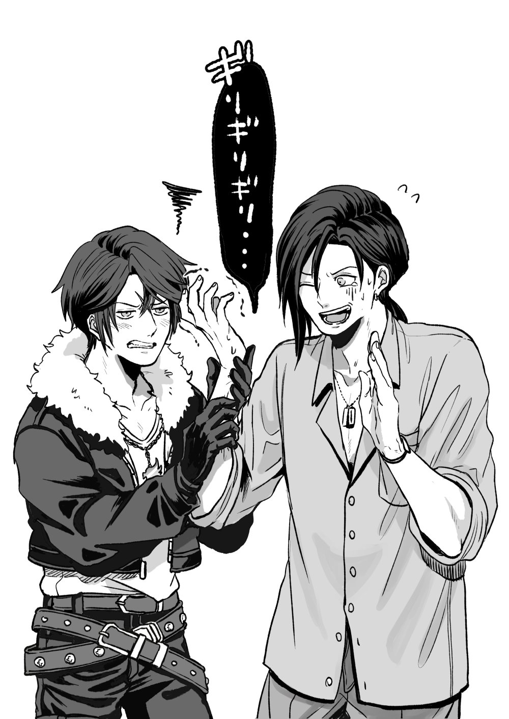 2boys, age_difference, angry, belt, blush, bracelet, breast_pocket, chain