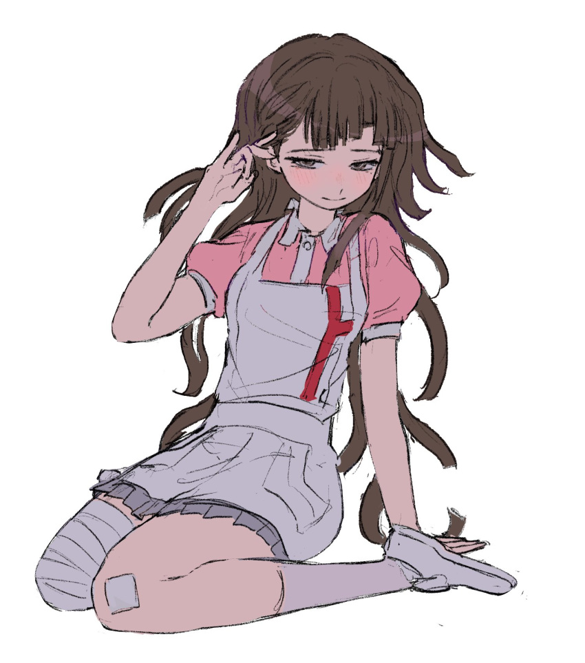 1girl, alternate_breast_size, apron, arm_support, bandaged_leg, bandages, bandaid, bandaid_on_knee, bandaid_on_leg, blush, breasts, brown_hair, collared_shirt, danganronpa_(series), danganronpa_2:_goodbye_despair, grey_apron, half-closed_eyes, hand_up, highres, looking_at_viewer, miniskirt, mole, mole_under_eye, pink_shirt, pleated_skirt, puffy_short_sleeves, puffy_sleeves, seiza, sg_(sallgam), shirt, shoes, short_sleeves, sitting, skirt, small_breasts, smile, socks, solo, tsumiki_mikan, white_shirt