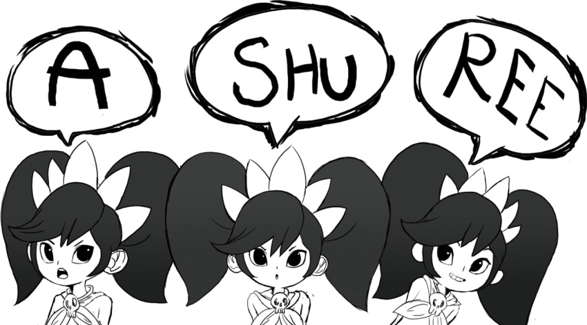 3girls, ashley_(warioware), hairband, looking_at_viewer, monochrome, multiple_girls, multiple_persona, neckerchief