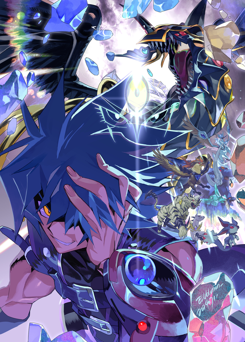1boy, artist_name, bird, black_skin, cat, chinese_commentary, colored_skin, commentary_request, crystal_beast_amber_mammoth, crystal_beast_amethyst_cat, crystal_beast_cobalt_eagle, crystal_beast_emerald_tortoise, crystal_beast_ruby_carbuncle, crystal_beast_sapphire_pegasus, crystal_beast_topaz_tiger, dragon, duel_disk, e_volution, highres, johan_andersen, male_focus, open_mouth, pegasus, rainbow_dark_dragon, sharp_teeth, smirk, solo_focus, teeth, tiger, turtle, yellow_eyes, yu-gi-oh!, yu-gi-oh!_gx, yubel