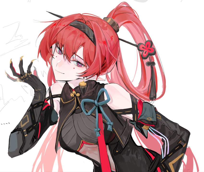 aiyiiiiiiiiii, arm_up, bare_shoulders, chinese_clothes, closed_mouth, detached_sleeves, earrings, fingernails, hair_between_eyes, hair_ornament, hairband, hairpin, hand_on_own_hip, head_tilt, high_ponytail, highres, jewelry, leaning_forward, light_smile, long_hair, looking_at_viewer, pointy_ears, redhead, see-through, see-through_shirt, sharp_fingernails, shirt, simple_background, single_earring, single_hair_ring, standing, violet_eyes, white_background, wuthering_waves, yinlin_(wuthering_waves)