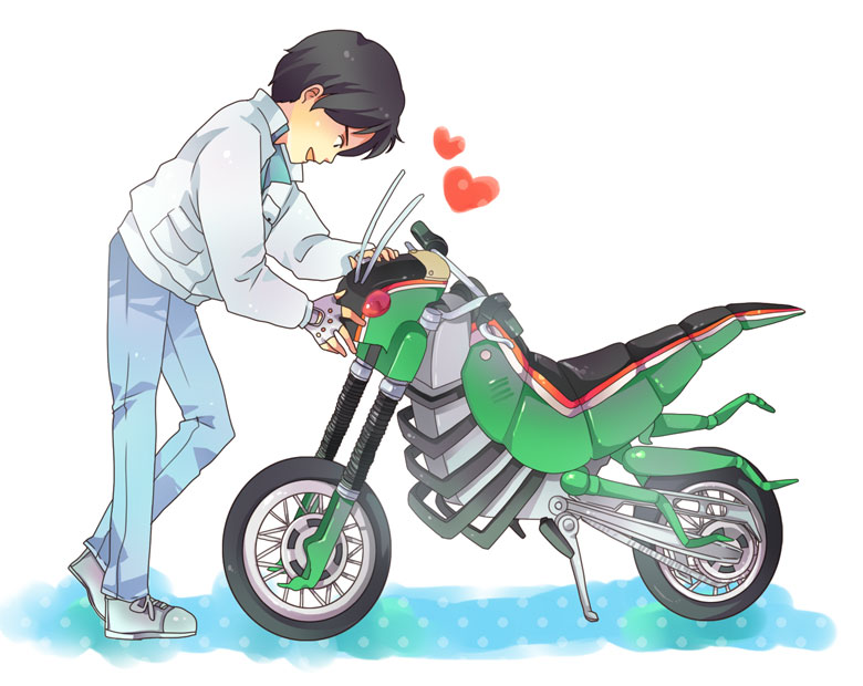 battle_hopper, black_hair, fingerless_gloves, gloves, heart, jeans, kamen_rider, kamen_rider_black_(series)