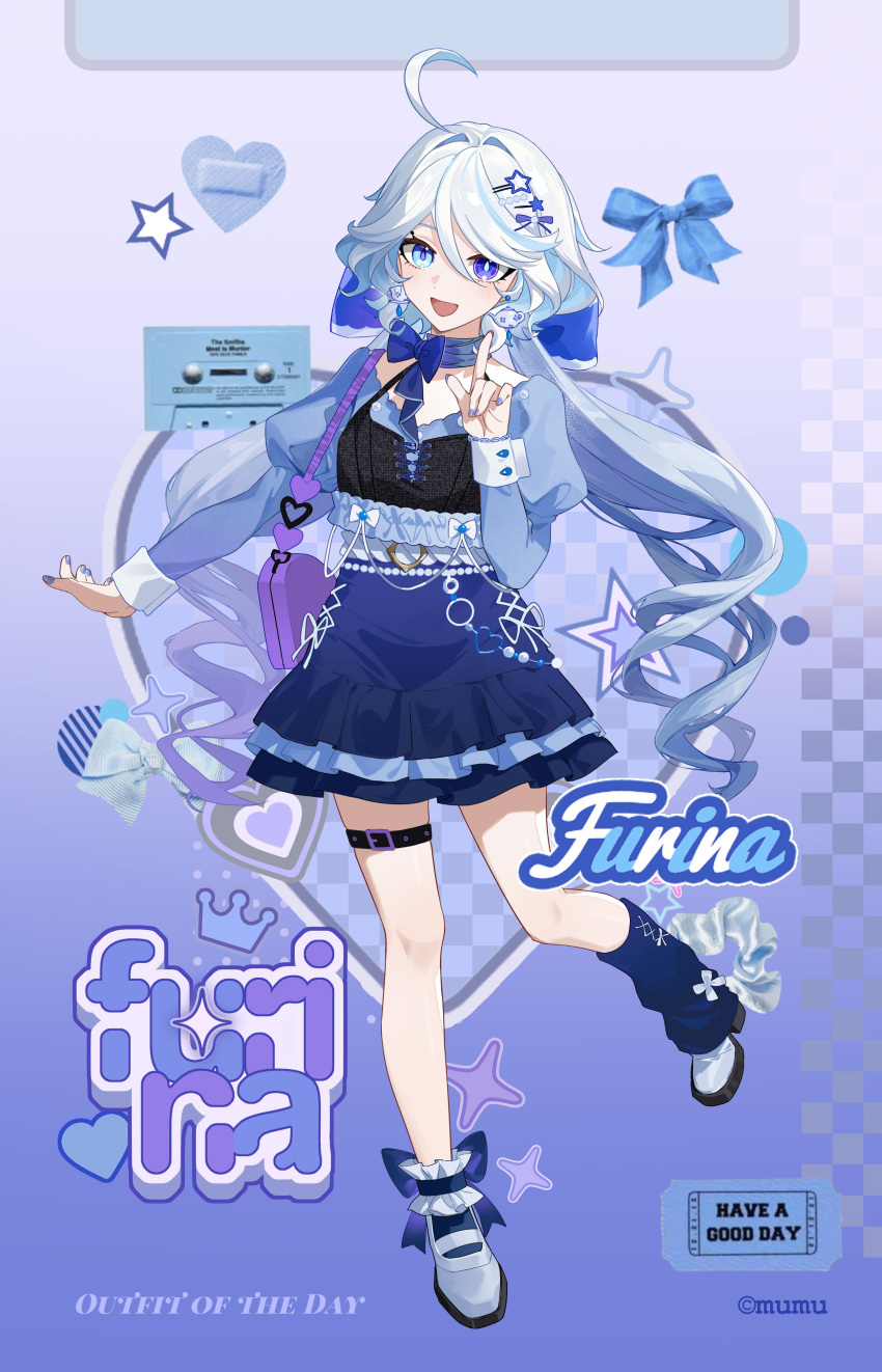 1girl, :d, absurdres, alternate_costume, artist_name, bag, bandaid, belt
