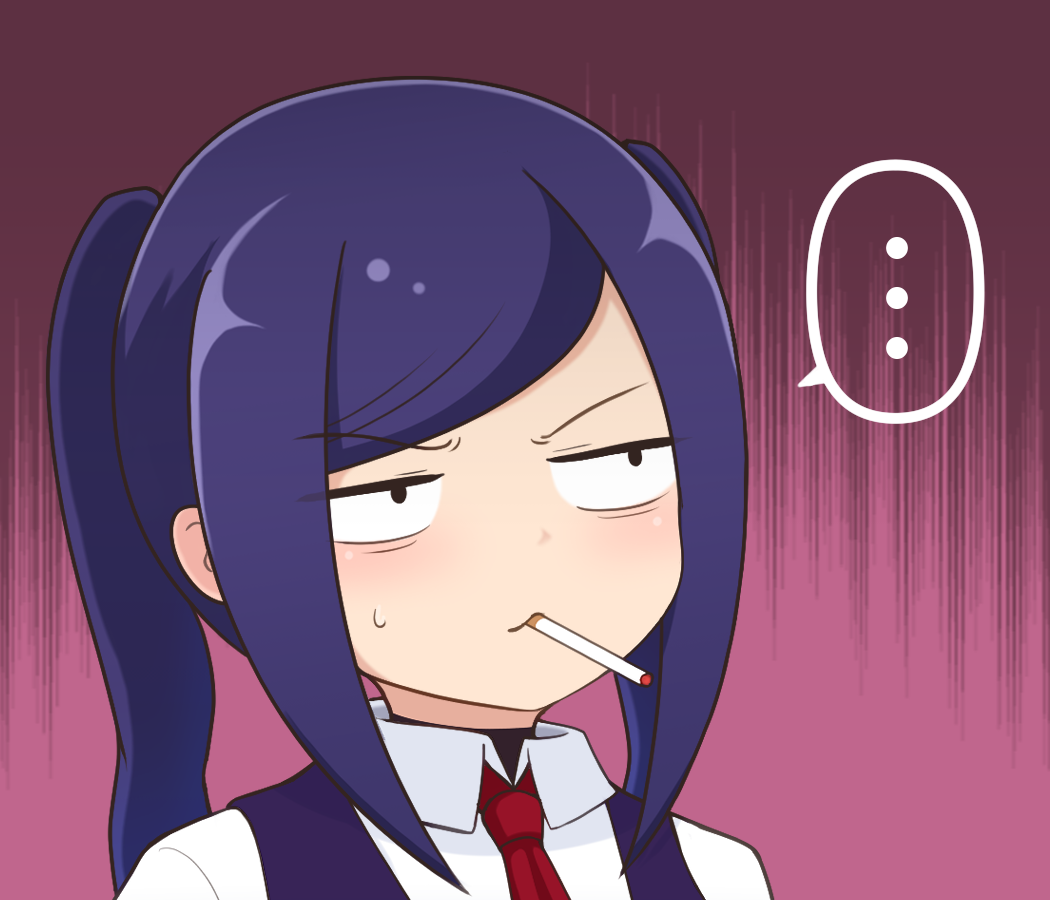 ..., 1girl, bartender, blush, cigarette, commentary, gloom_(expression), jill_stingray, jitome, long_hair, necktie, pink_background, portrait, purple_background, purple_hair, purple_vest, red_necktie, shirt, sidelocks, smoking, solo, spoken_ellipsis, sweatdrop, twintails, two-tone_background, udododo, va-11_hall-a, vest, white_shirt