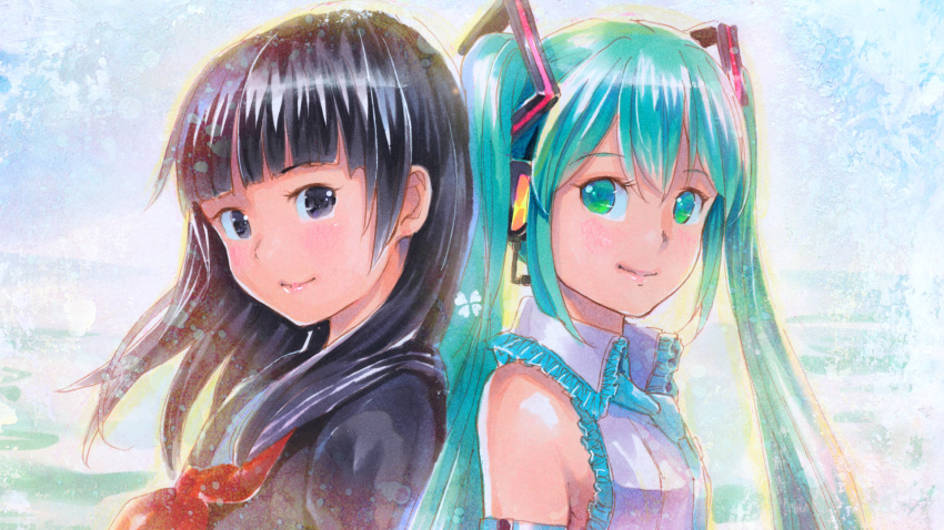 1girl, animal_ears, aqua_eyes, aqua_hair, black_hair, black_skirt, chat_noir_(module), detached_sleeves