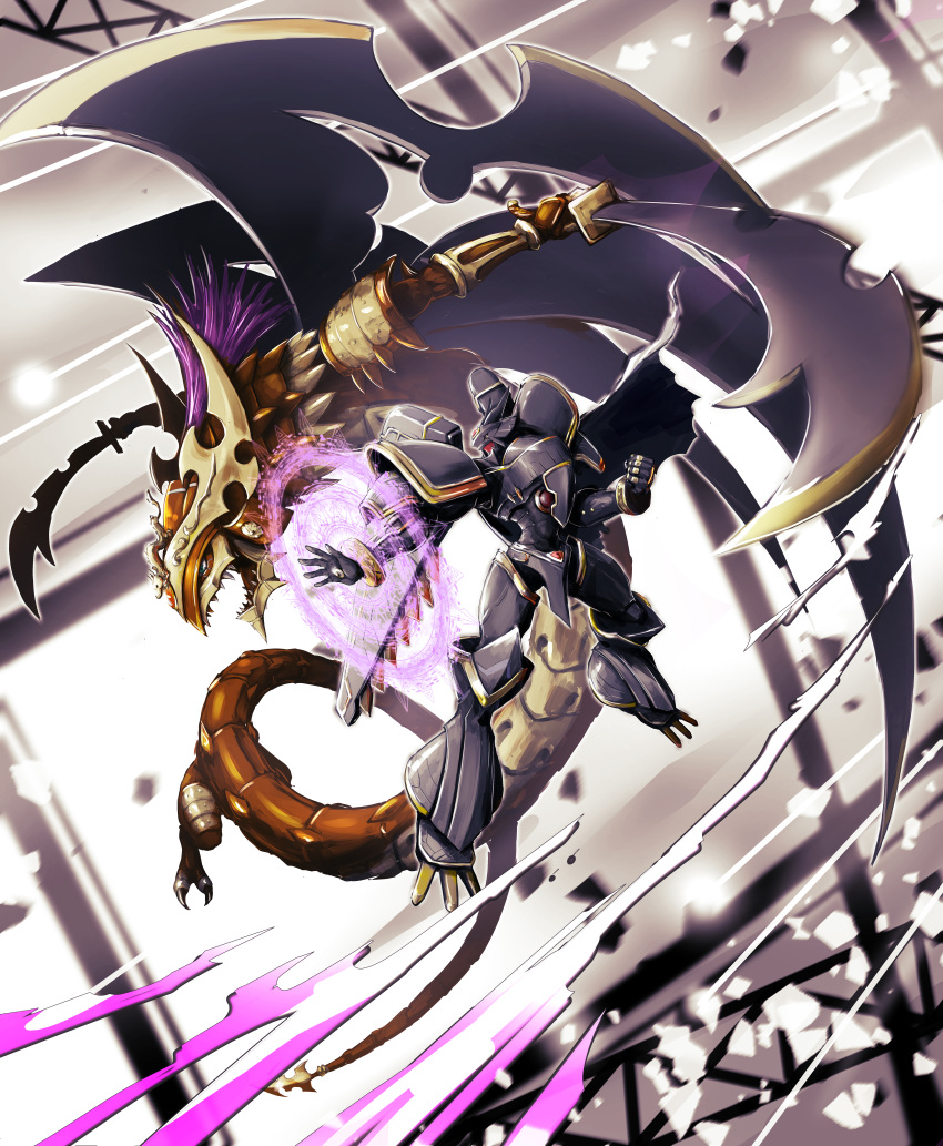 152_in_can, absurdres, alphamon, armor, black_armor, black_helmet, blade_wings, blue_eyes