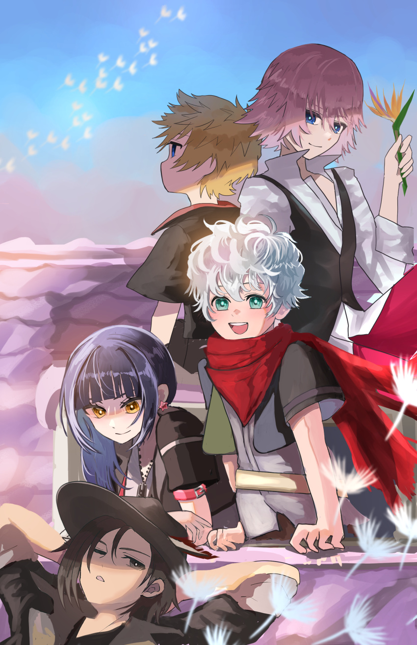 1girl, 4boys, absurdres, aqua_eyes, black_eyes, black_hair, black_hat, black_jacket