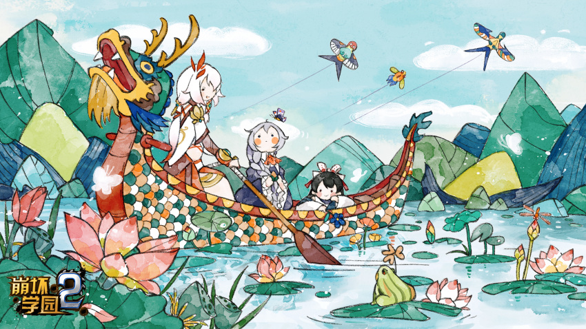 3girls, benghuai_xueyuan, black_hair, boat, chinese_clothes, clouds, copyright_name, flower