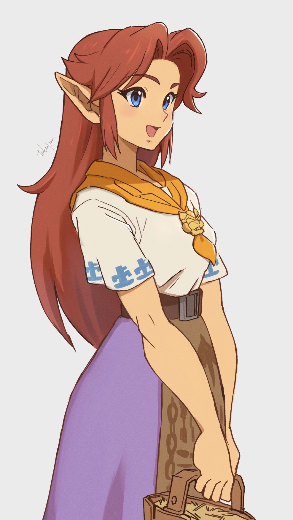 1girl, basket, belt, blue_eyes, brown_belt, commentary_request, grey_background, highres