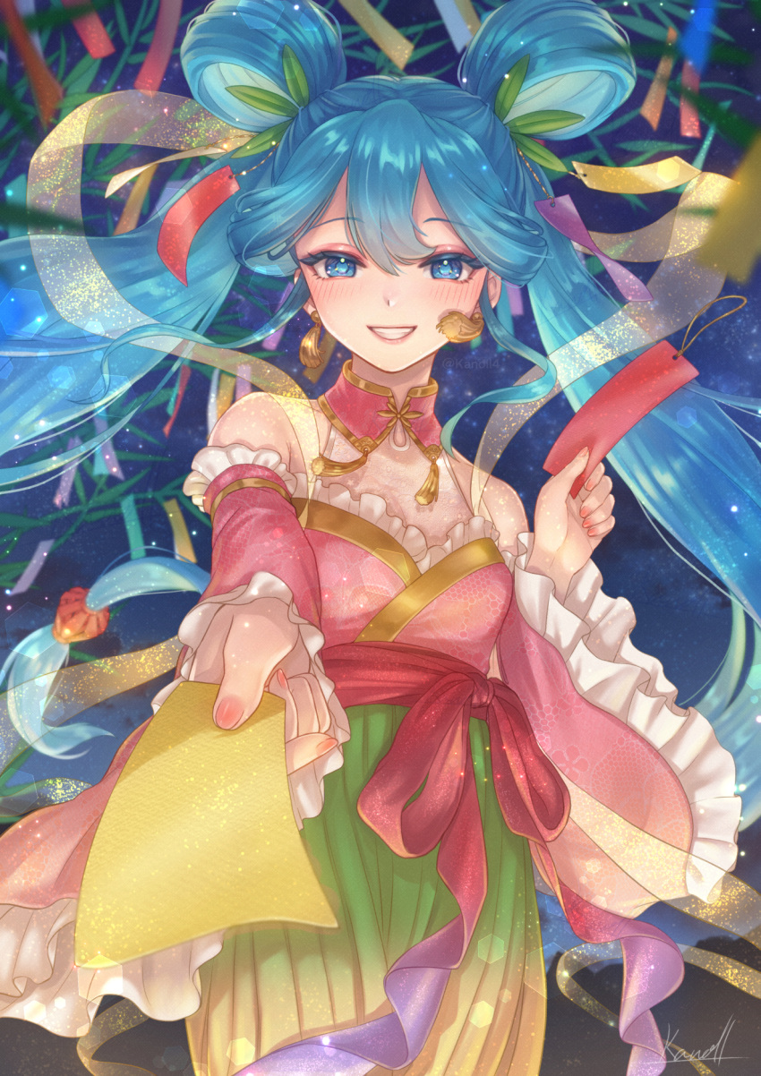 1girl, artist_name, blue_eyes, blue_hair, blurry, chinese_clothes, commentary_request, depth_of_field