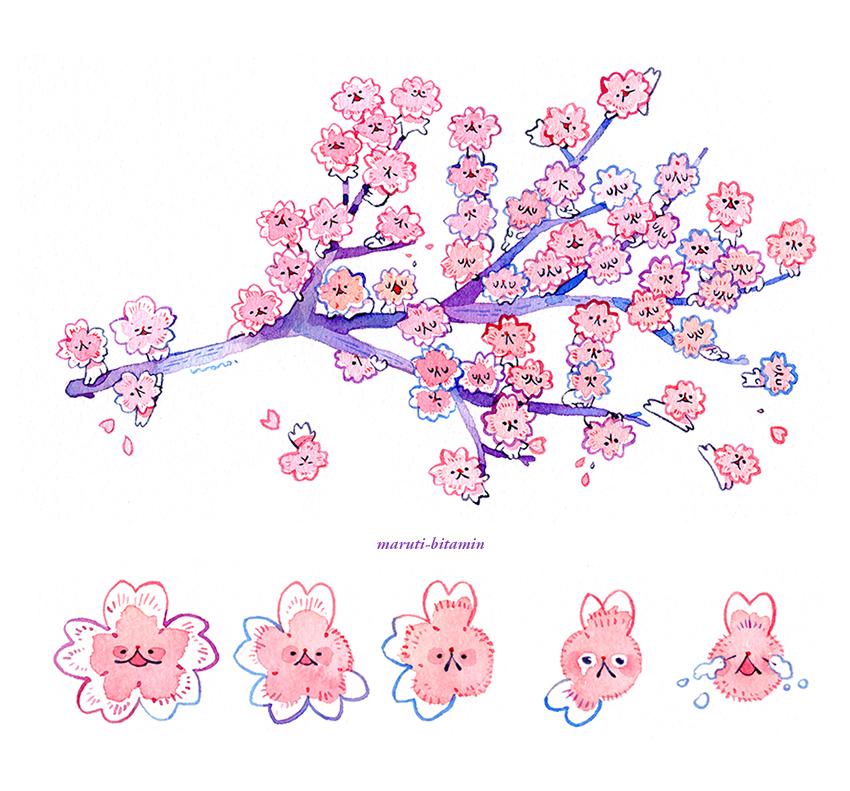 :<, artist_name, branch, cherry_blossoms, chestnut_mouth, closed_eyes, closed_mouth, creature