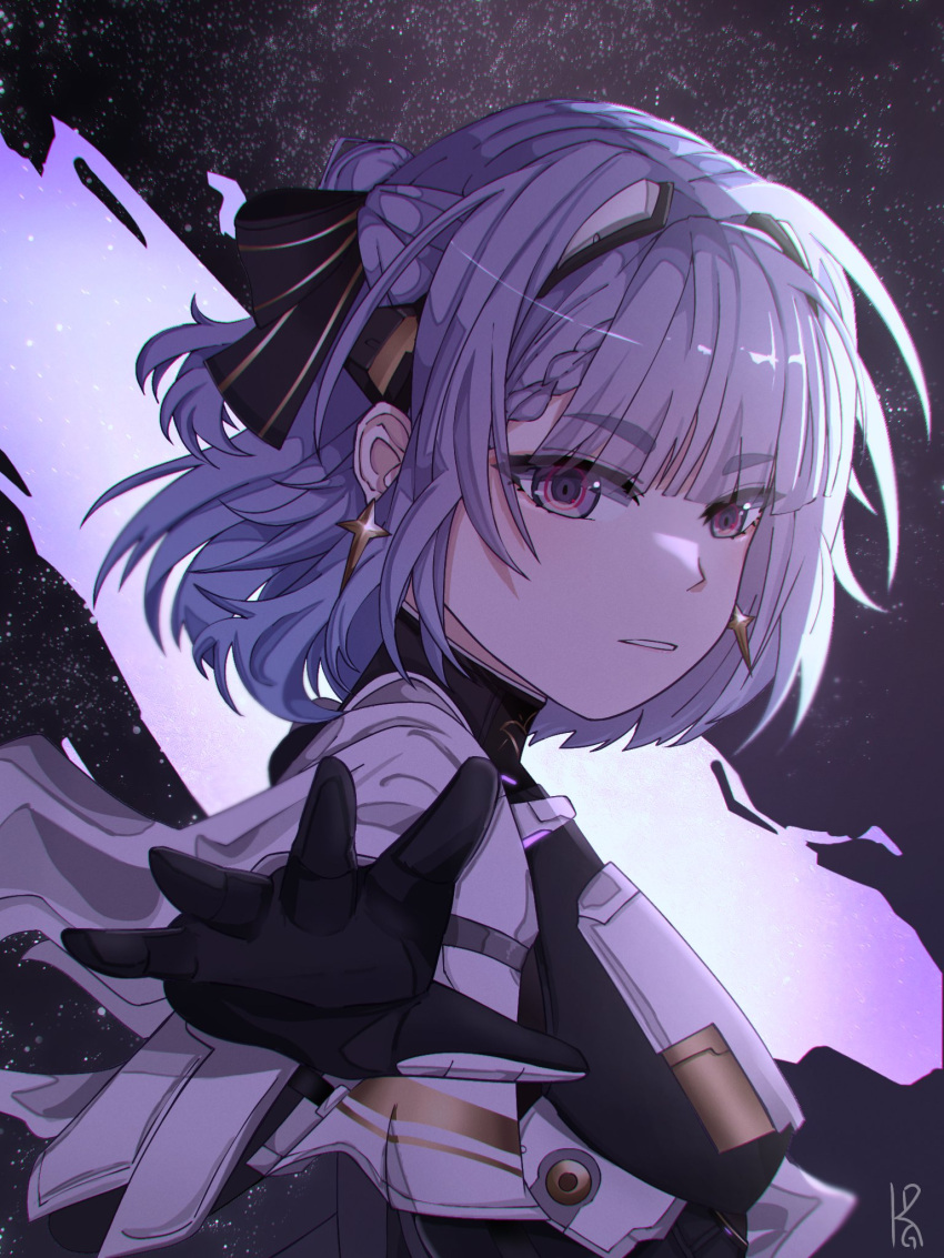 1girl, alisa:_echo_(punishing:_gray_raven), alisa_(punishing:_gray_raven), artist_logo, black_bodysuit, black_bow, bodysuit, bow, braid, braided_bangs, cross, cross_earrings, earrings, english_commentary, hair_bow, highres, jewelry, ka_yoru, looking_at_viewer, medium_hair, night, night_sky, parted_lips, punishing:_gray_raven, ringed_eyes, sky, solo, star_(sky), starry_sky, violet_eyes