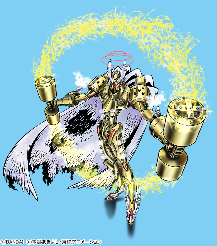 1boy, armor, artist_request, blue_background, commentary_request, digimon, digimon_(creature), electricity