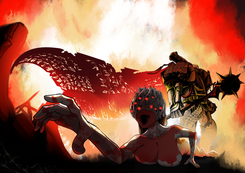 absurdres, armor, backless_dress, backless_outfit, beatrice_(blue_archive), black_hair, black_sclera, blood