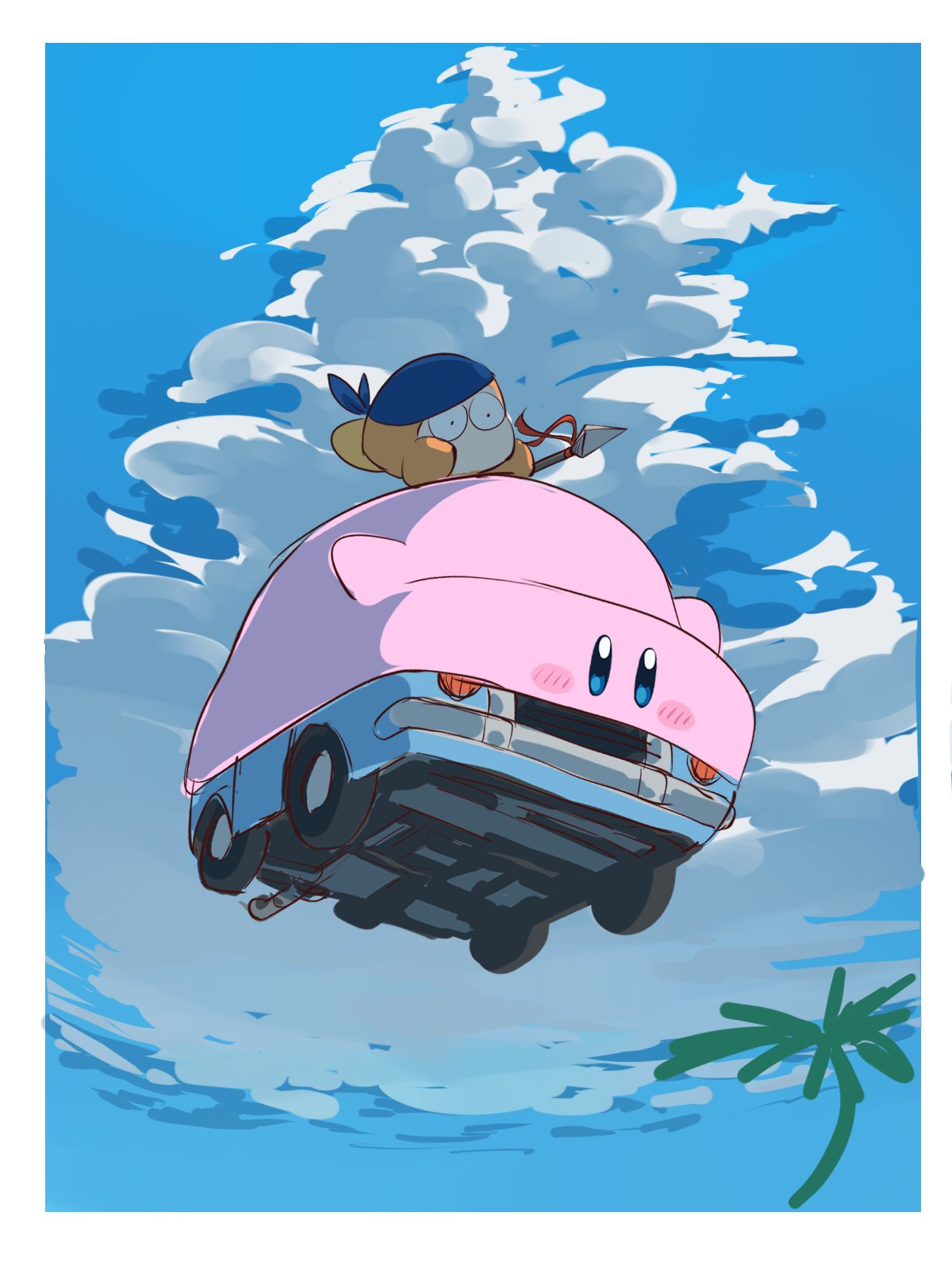 bandana, bandana_waddle_dee, blue_sky, border, car, car_mouth, clouds, flying