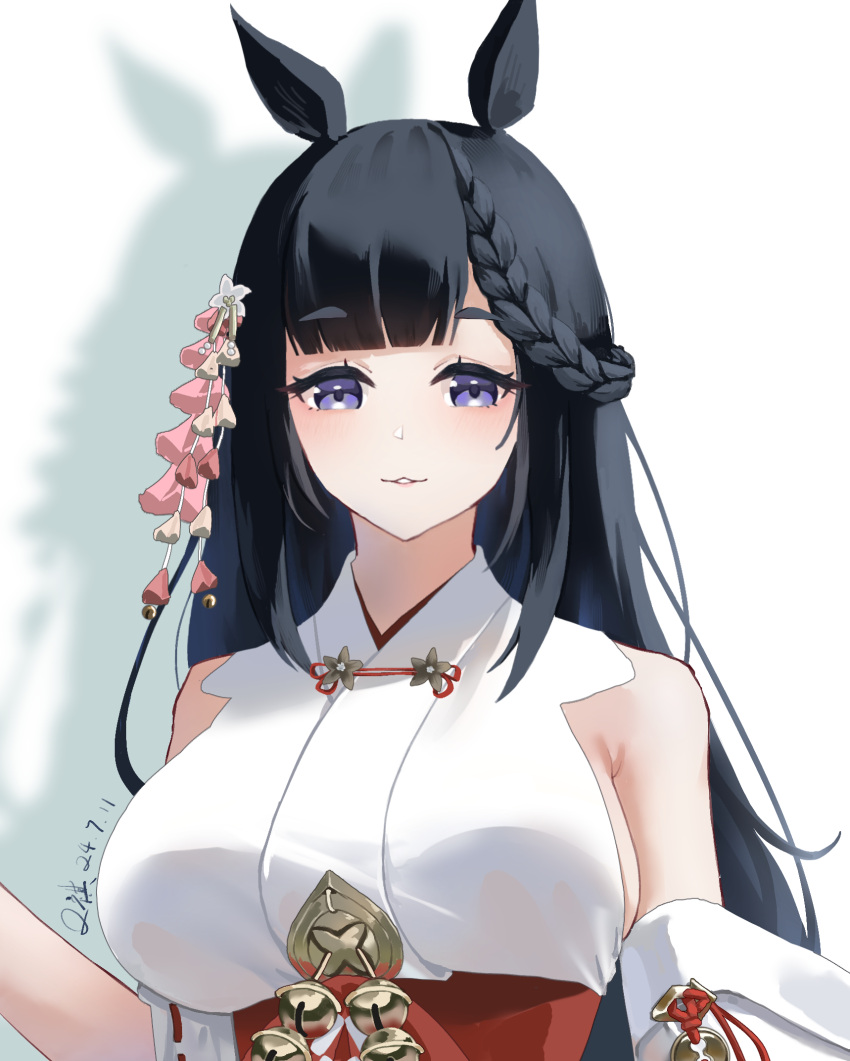 1girl, animal_ears, armpit_crease, azur_lane, bare_shoulders, bell, black_hair, braid