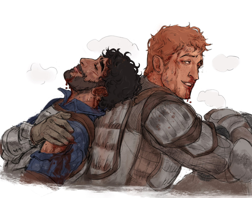 2boys, alistair_(dragon_age), armor, beard, black_hair, blood, blood_on_face, blue_shirt