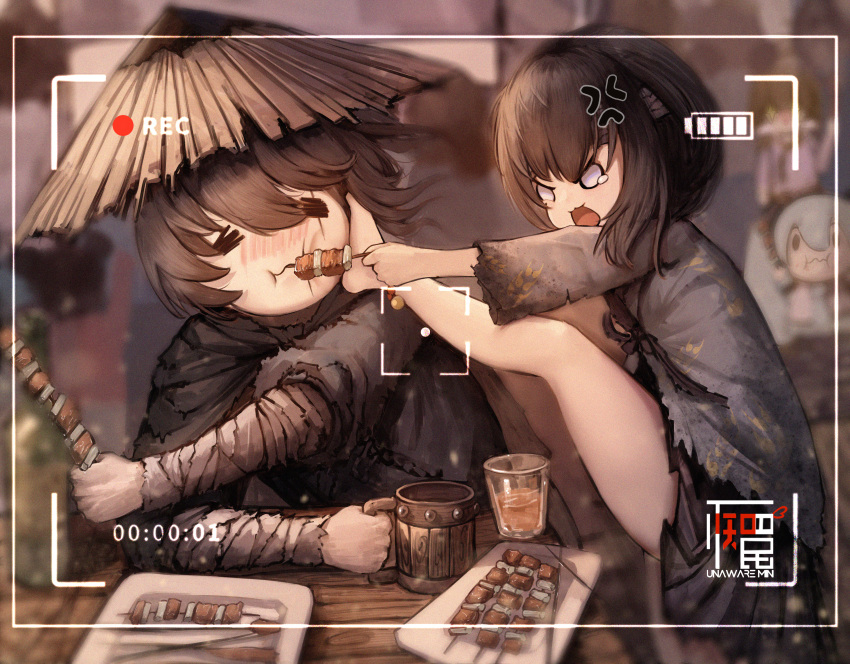 1boy, 1girl, absurdres, anger_vein, angry, barefoot, beer_mug, black_hair
