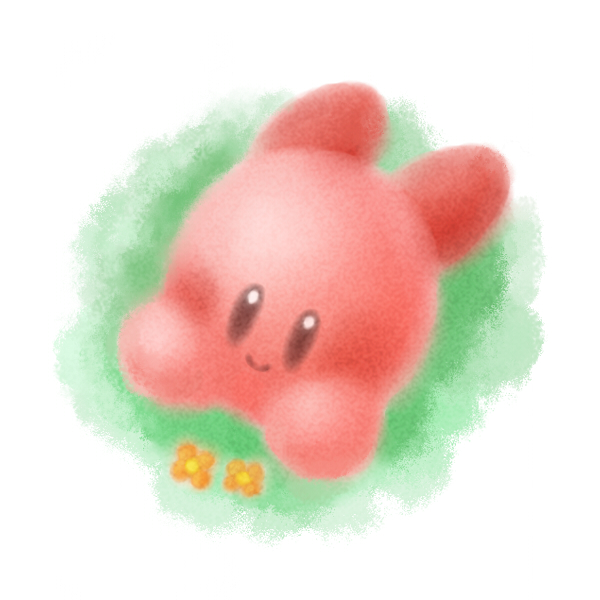 1other, atrass, blush, brown_eyes, colored_skin, flower, from_above, grass, kirby, kirby_(series), no_humans, on_grass, on_ground, orange_flower, pink_footwear, pink_skin, smile, solid_oval_eyes