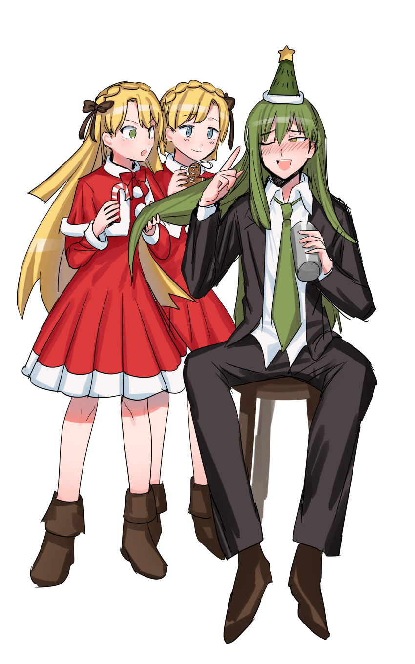1girl, 2boys, absurdres, black_pants, blonde_hair, boots, braid, brown_footwear