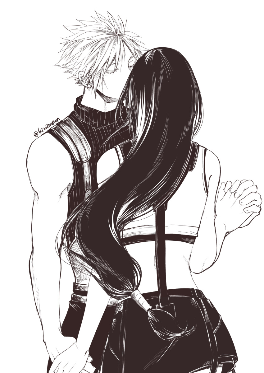 1boy, 1girl, absurdres, bare_arms, bare_shoulders, black_hair, black_skirt, closed_eyes, cloud_strife, couple, crop_top, facing_another, final_fantasy, final_fantasy_vii, final_fantasy_vii_rebirth, final_fantasy_vii_remake, from_behind, greyscale, hashtag-only_commentary, hetero, highres, holding_hands, implied_kiss, interlocked_fingers, kirinomon, kiss, long_hair, low-tied_long_hair, monochrome, ribbed_sweater, short_hair, skirt, sleeveless, sleeveless_turtleneck, spiky_hair, suspender_skirt, suspenders, sweater, tank_top, tifa_lockhart, turtleneck, turtleneck_sweater, twitter_username, upper_body, white_tank_top