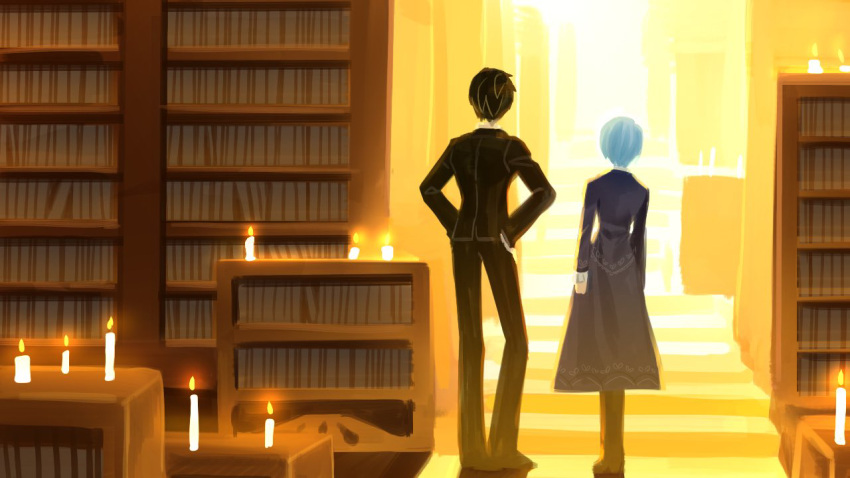 1boy, 1girl, angela_(project_moon), black_pants, blue_coat, blue_hair, book, bookshelf, candle, coat, collared_shirt, full_body, indoors, library, library_of_ruina, long_sleeves, mogura_panda, pants, project_moon, roland_(project_moon), shirt, short_hair, standing, white_shirt