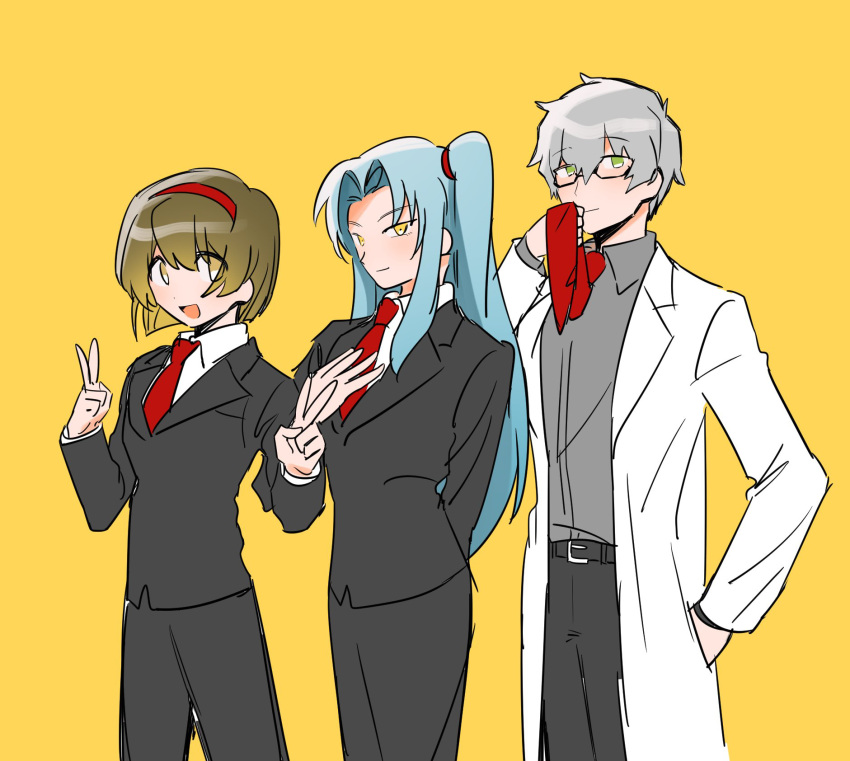 angela_(project_moon), benjamin_(project_moon), black_jacket, black_pants, blue_hair, brown_eyes, brown_hair, collared_shirt