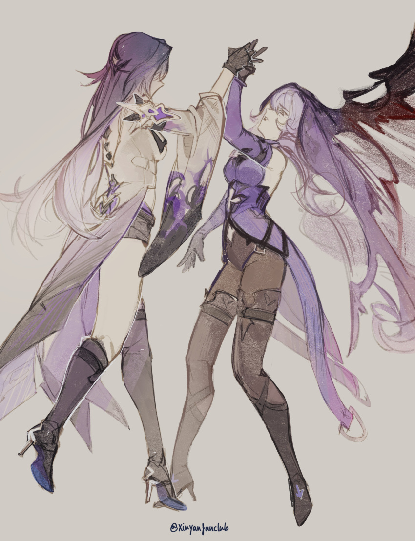 2girls, absurdres, acheron_(honkai:_star_rail), black_gloves, black_shorts, black_swan_(honkai:_star_rail), boots, coat