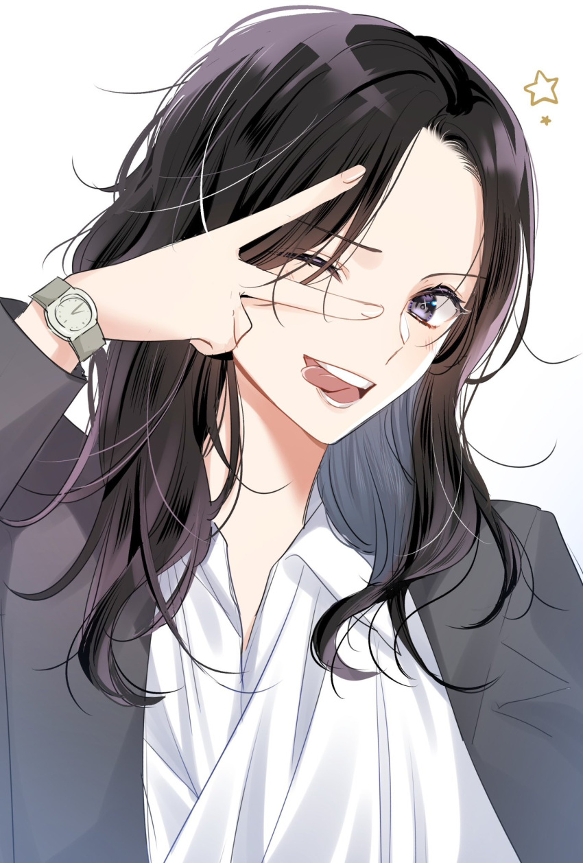 1girl, ;p, black_hair, commentary_request, grey_jacket, highres, jacket, looking_at_viewer