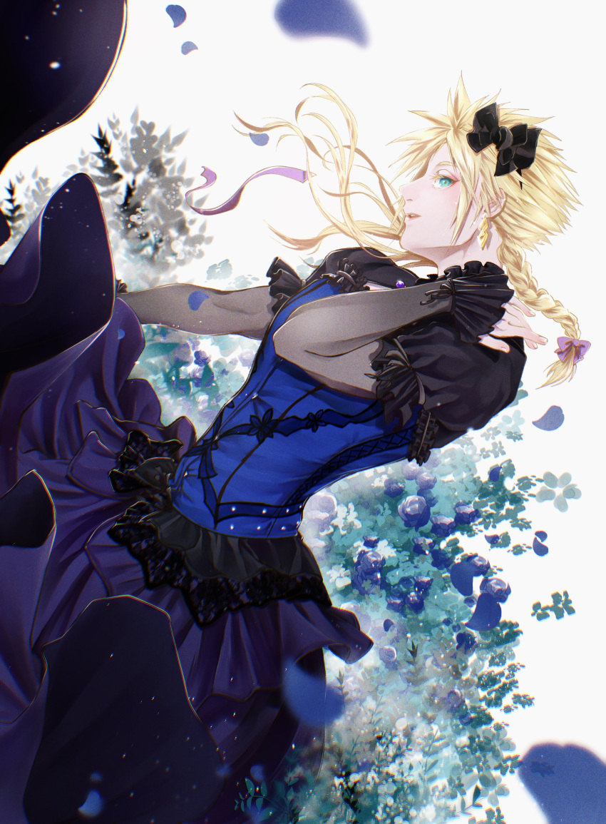 1boy, absurdres, black_bow, blonde_hair, blue_corset, blue_dress, blue_eyes, bow