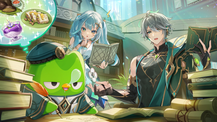 1boy, 1girl, absurdres, akademiya_uniform, alhaitham_(genshin_impact), amaichi_esora, antenna_hair, aqua_hair